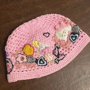 Handmade Girl Pink Crochet Beanie with Cute Patches